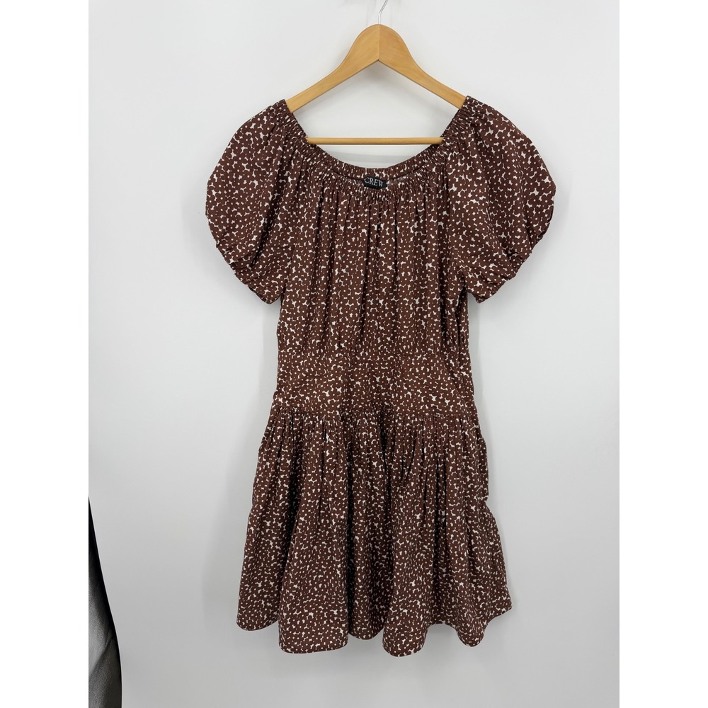 J Crew Drop-Waist Cotton Poplin Mini Dress in Mocha Floral puff sleeve sz 6